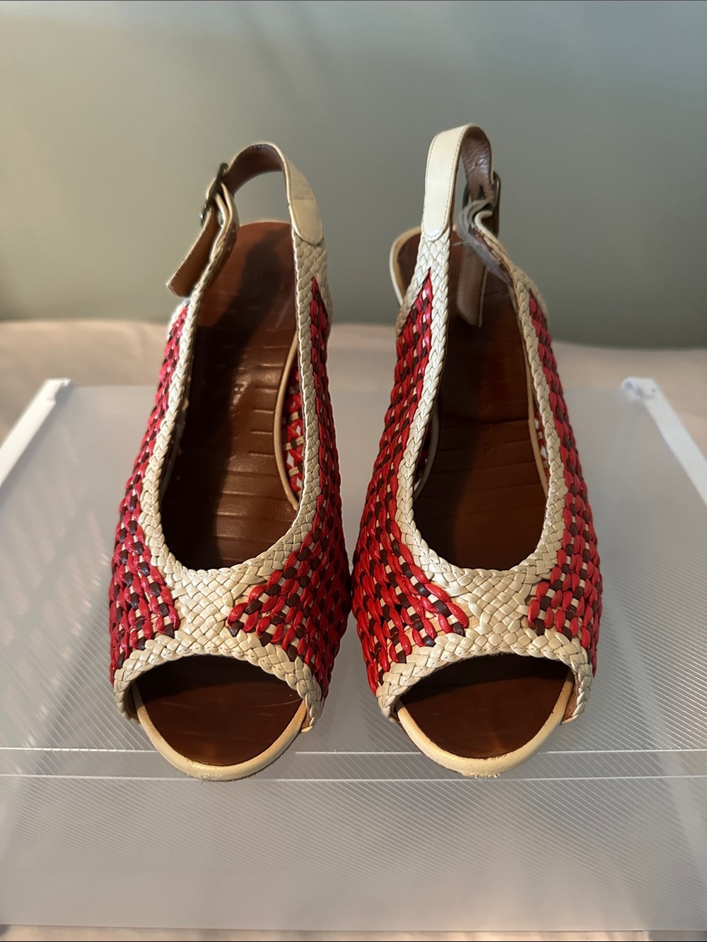Chie Mihara Red and Natural Woven Peep-Toe Slingbacks